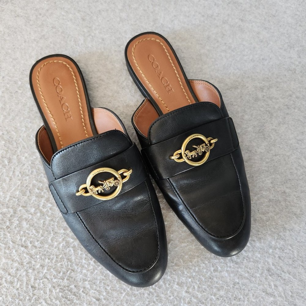 Coach Scotty Black Leather Slide-On Mule Flat Gold Carriage Chain-link - Picture 2 of 12